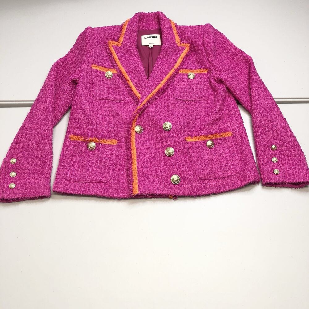 L'AGENCE Hot Pink Tweed Double-Breasted Blazer with Orange Trim - Picture 7 of 13